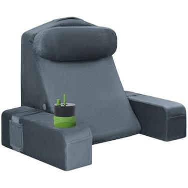 Imagem de AS AWESLING Travesseiro de leitura para adultos, travesseiro de costas para sentar na cama, encosto para sentar na cama, braços destacáveis com copo embutido e suporte de telefone (cinza escuro, 48 cm