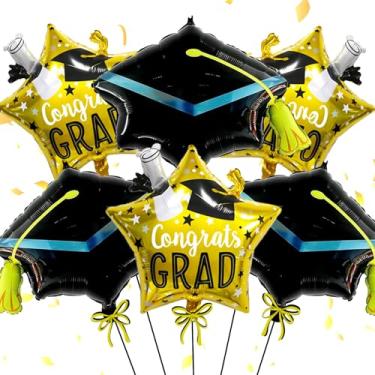 Imagem de 6 peças de balão de formatura preto dourado e balão em forma de estrela graduada, balões grandes de alumínio de formatura para festa de ensino médio da turma de 2026