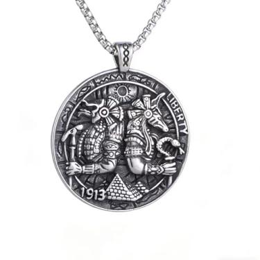 Imagem de Colar masculino vintage gótico punk 1913 com pingente de moeda alienígena predador, aço inoxidável 316l, corrente quadrada de pérola de aço inoxidável prata, joia retrô de ficção científica