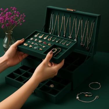 Imagem de Caixa de Joias Maleta Organizadora de Joias em Veludo com Cadeado Para Mulheres Adolescentes com Suporte de Brinco e Colar, Porta Joias Feminina (Verde)