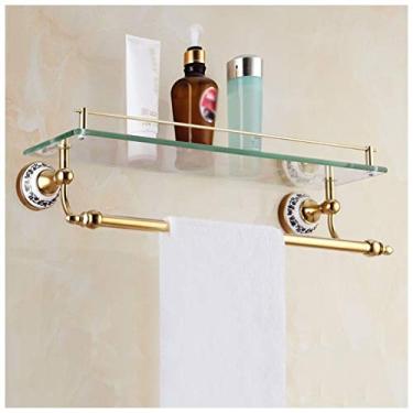 Imagem de Prateleiras flutuantes Prateleira de vidro para banheiro, toalheiro de camada única com haste, rack de armazenamento de cozinha de banheiro montado na parede (cor: ouro, tamanho: 50 cm) (ouro 40 cm)