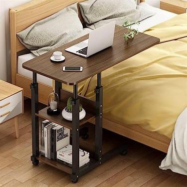 Imagem de UWEREBFM Rodas de mesa sobrecama, mesa de pé portátil sobre rodas bandeja de mesa sobrecama com armazenamento ajustável sofá cama lateral laptop carrinho altura móvel, natural