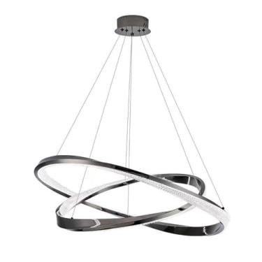 Imagem de Lustre LED de 2 Anéis Moderno com Luminárias Pendentes Redondas | Lustre Preto de 60cm com Decoração de Cristal, Luminária de Teto Circular Regulável para Sala de Jantar, Hall de Entrada, Co