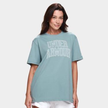 Imagem de Camiseta Under Armour MC Rival OS Camp Feminina, Azul, Branco, M