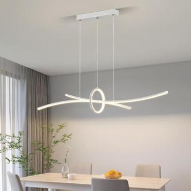 Imagem de Luminária pendente LED moderna de 110 cm para mesa de jantar, com intensidade regulável e controle remoto. Altura ajustável, ideal para sala de estar e mesa de jantar (branca).