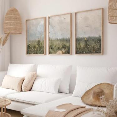 Imagem de 3 peças de impressão de paisagem vintage pôsteres grandes pintura em tela para arte costeira praia casa quarto decoração de casa de campo emoldurada pronta para pendurar com moldura interna