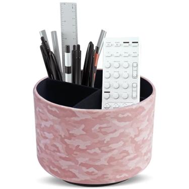 Imagem de QIELIZI Organizador de suprimentos de arte de couro redondo, suporte de controle remoto, rotação de 360 graus, suporte de lápis multifuncional, organizador de papelaria de mesa com 4 compartimentos (1