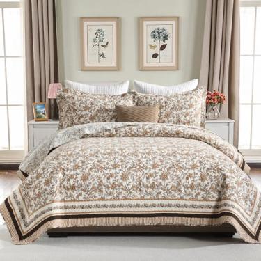 Imagem de PANGUSHAN Conjunto de edredom Queen Size – Conjunto de edredom Queen 100% algodão, colcha botânica de fazenda com 2 fronhas, roupa de cama floral reversível leve, colcha de cama queen para todas as