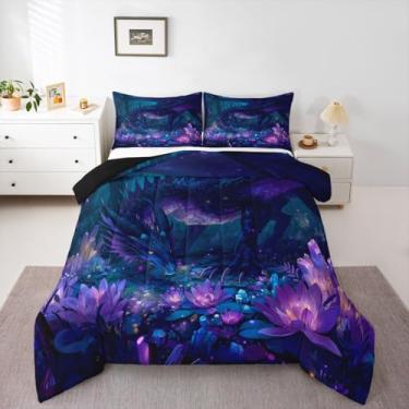 Imagem de Feelyou Conjunto de edredom solteiro com dragão, para crianças, meninos, meninas, vida selvagem, decoração de quarto, roxo e preto, 2 peças com 1 fronha