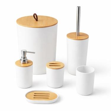 Imagem de Conjunto de Banheiro Moderno, 6 Peças, Branco com Bambu, Lixeira, Escova Sanitária, Porta Escova de Dentes, Dispenser de Sabonete Líquido e Saboneteira