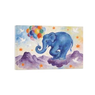 Imagem de BMZFYBS Impressão em tela de arte de parede animal - Elefante e balão - Pintura de decoração moderna - Imagens para casa prontas para pendurar tela embrulhada 60 x 90 cm 24 x 35 polegadas