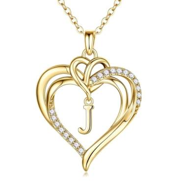 Imagem de MONOOC Colar com inicial de coração para mulheres - Colar com pingente de coração banhado a ouro 14K, colar com letra inicial para mulheres, presentes de aniversário para mulheres, Latão, Sem Pedra