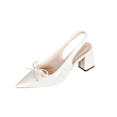 Imagem de Sandálias femininas de bico fino com detalhe de laço e salto grosso, uma escolha casual feminina, Branco, 36