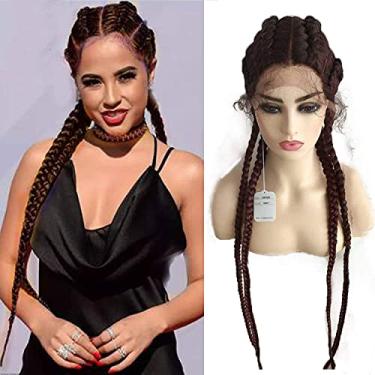 Imagem de Perucas trançadas marrons com cabelo de bebê, perucas longas trançadas de renda sintética para mulheres, peruca trançada de 4 torções, aparência natural, realista, linha fina arrastar queen, perucas
