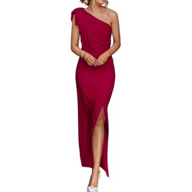 Imagem de Vestido PRETTYGARDEN Vinho Vermelho Ombro Único Franzido Maxi XL