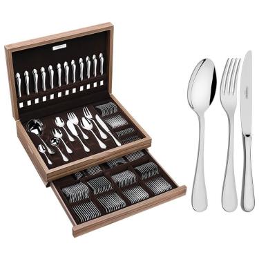 Imagem de Faqueiro Tramontina Classic Em Aço Inox Com Faca De Mesa Forjada E Estojo De Madeira 130 Pç