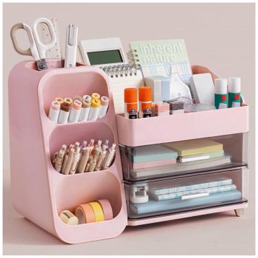 Imagem de Organizador de mesa HBlife rosa com porta-canetas, 4 compartimentos superiores e 2 gavetas para escritório, casa e escola