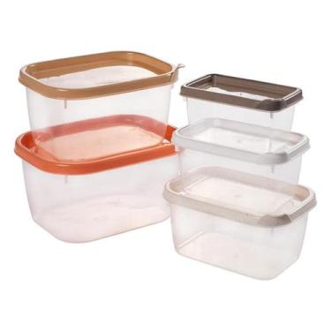 Imagem de Kit 5 Potes Porta Mantimentos Marmita Tampa Vasilhas Plástico Retangul