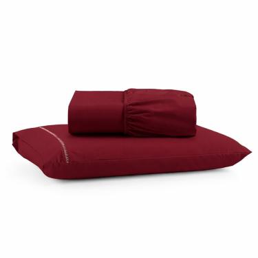 Imagem de Jogo De Lençol Solteiro Premium Soft 600 Fios Micropercal Bordô Ponto Palito Toque Macio 2 Peças