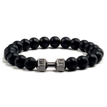 Imagem de Pulseira Halteres Bolinha Fosco Live Pedra Descolado Hippie, Preto