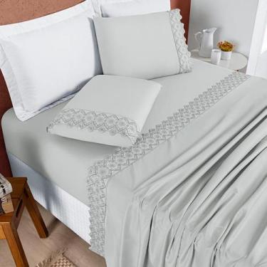 Imagem de Jogo de Lençol C/ Elástico Casal King Bordado Inglês 200 Fios Nobless 