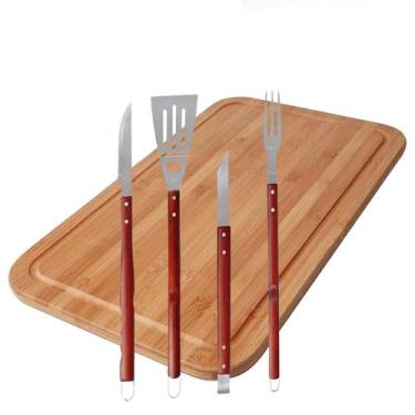 Imagem de Kit Churrasco Inox Churrasqueiro Profissional Tabua Madeira - MOR