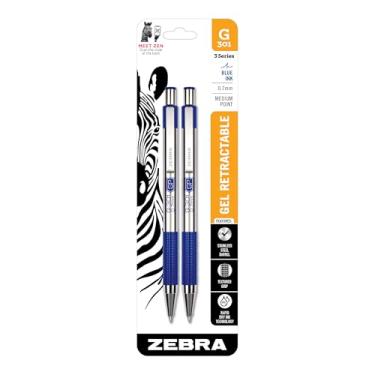 Imagem de Zebra Pen Canetas de gel G-301, pacote com 2, tinta azul, ponta média de 0,7 mm, barril de aço inoxidável, aderência texturizada confortável, clipe de metal seguro, comprimento curto para fácil