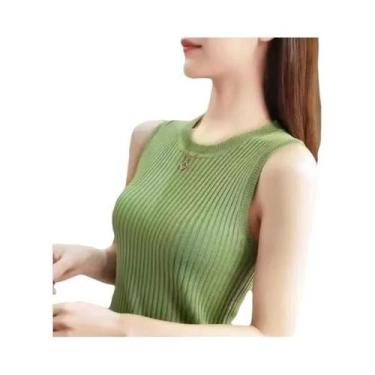 Imagem de Blusa sem mangas de verão feminina, blusa de malha com gola redonda, r