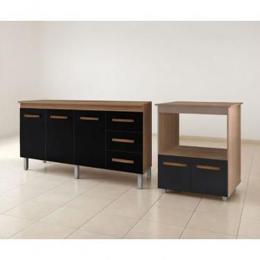 Imagem de Kit Balcão Carina Para Pia 140cm E Balcão Multiuso Angela Para Microondas - Savana/preto