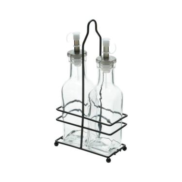 Imagem de Cj 2 Galheteiros de Vidro 200ml C/Suporte de Metal Preto 11x6x23cm Lyor
