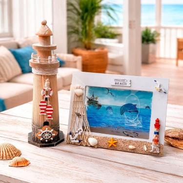 Imagem de Kit Farol Decorativo e Porta Retrato Náutico para Decoração de Casa Praia em MDF e Vidro Bege