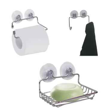 Imagem de Kit de Acessórios para Banheiro Ventosa Cromado - Saboneteira + Cabide Duplo + Porta Papel Higiênico