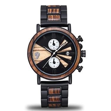 Imagem de Relógio de pulso masculino de madeira de luxo, analógico, mostrador de data de quartzo, 2 submostradores, feito à mão, zebra, leve, luminoso, presente para homens