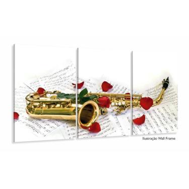 Imagem de Quadro Saxofone Partituras E Rosas Decorativo Em Tecido 120x