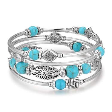 Imagem de Pulseira com pulseira em camadas turquesa - Pulseira com contas com pedra de ágata natural, presentes para mulheres Azul