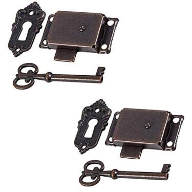 Imagem de Geenite Cadeado retrô antigo vermelho caixa de madeira fechaduras para armário caixa de joias trava decorativa armário móveis fechaduras com chave 2 unidades