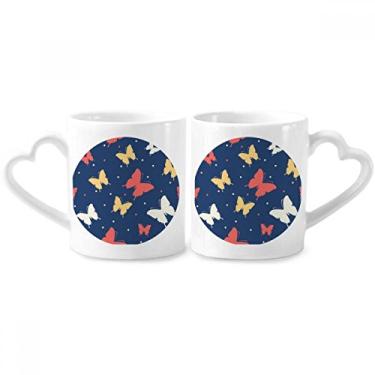 Imagem de Conjunto de canecas de porcelana para casais, borboletas coloridas em pontos, coração e coração
