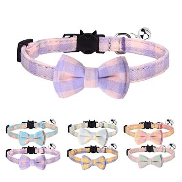 Imagem de MAKASI Coleira para gato com gravata borboleta e sino, estampas xadrez fofas, coleiras de segurança para gatinhos (roxo rosa)