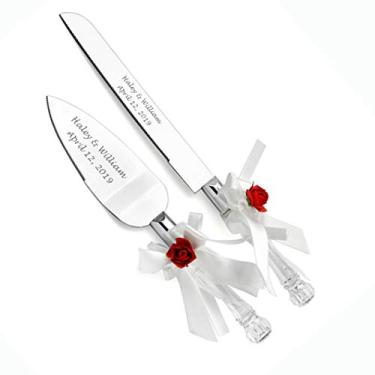Imagem de OnePlace Gifts Conjunto de facas de bolo e servidor gravadas para aniversário, aniversário e casamento (vermelho), 33 cm