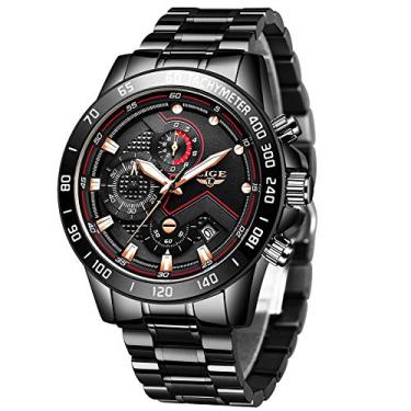 Imagem de LIGE Relógio masculino preto de aço inoxidável à prova d'água analógico quartzo masculino relógio de pulso comercial, Preto completo