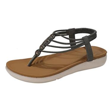 Imagem de Sandálias para mulheres meninas mulheres verão faixa elástica casual bico aberto plana confortável sola macia sapatos de praia sandálias (cinza, 37)