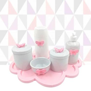 Imagem de Kit Higiene Porcelana Nuvem Rosa Tema Borboleta Garrafa 6Pçs - Tg Deco