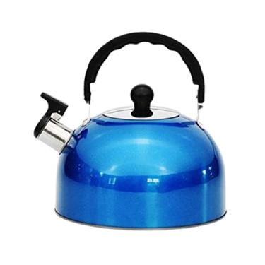Imagem de Chaleira de acampamento de água para fogão a gás, chaleiras, chaleiras, dispensadores de água quente pequenos ao ar livre de aço inoxidável bipe após a água ferver alça anti-queimadura (azul, 2L)