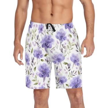 Imagem de CHIFIGNO Shorts de pijama masculino, calça de pijama masculina leve, calça de pijama masculina com bolsos e cordão, Folhas verdes e flores roxas, M