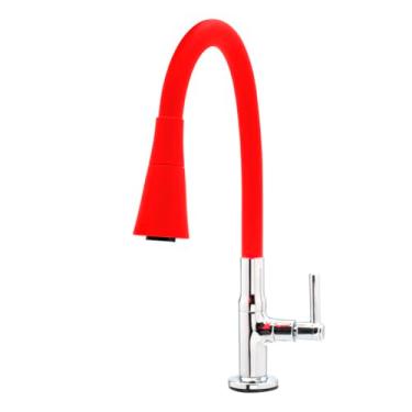 Imagem de Torneira Gourmet Bancada Mesa Bica Cone Cônica Metal 2 Modos de Jato Acionamento 1/4 de Volta Arejador (Emborrachada Vermelha)