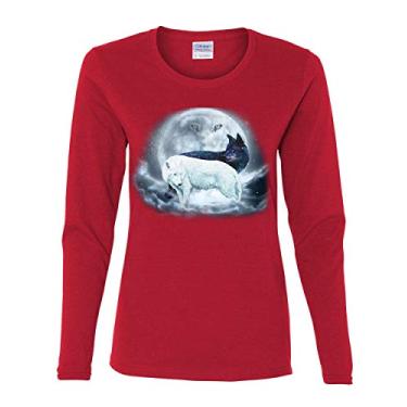 Imagem de Camiseta feminina Yin & Yang Wolves manga longa animais vida selvagem natureza lobo pacote lua, Vermelho, P
