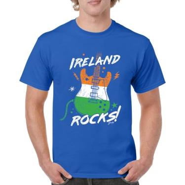 Imagem de Camiseta masculina Ireland Rocks Guitar Flag St Patrick's Day Shamrock Groove Vibe Pub Celtic Rock and Roll Clove, Azul, M