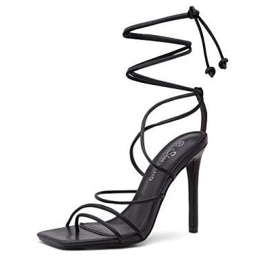 Imagem de Shoe Land SL-Finely sandália feminina bico quadrado com cadarço e salto agulha, Preto, 10