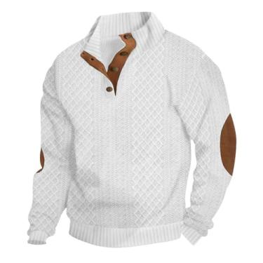 Imagem de CZVEVOY Pulôver masculino com remendos de cotovelo 1/4 botão manga longa Knint Cable suéteres vintage gola alta, Branco, X-Large