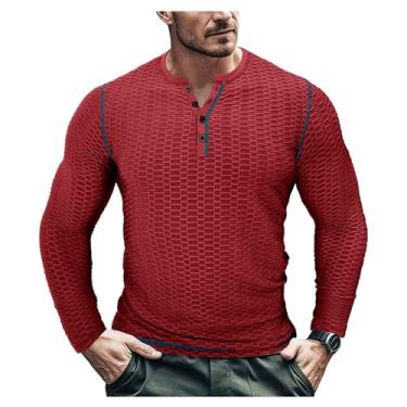 Imagem de Camisetas masculinas manga comprida slim fit esportes Henley camisetas respiráveis fitness cor sólida, Vinho tinto, P